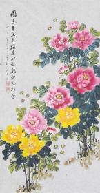 保真销售【邓义伦】中国老年书画研究会会员，中国书法研究院艺术委员，四川省书法家协会会员，四川省美协会员，四川省省直机关老年书画协会会员，成都市老协诗书画研究会理事，成都市民健老龄委诗书画顾问2001年花鸟画【国色天香】一幅，软件未裱，画心尺寸：100*53厘米（约4.8平尺）