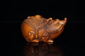 黄杨木雕金钱鼠茶宠摆件，长9厘米，宽4.5厘米，重75克