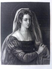 《圣阿加莎肖像》（Giulia Gonzaga as Saint Agatha），钢版画，选自《英国国家美术馆馆藏精品绘画》，塞巴斯蒂亚诺·德·皮翁博 原作，1840年
