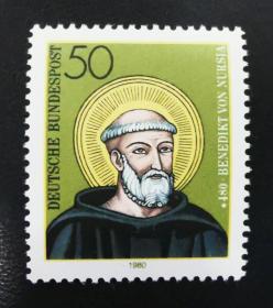 德国西德1980年邮票 意大利教团创始人 努尔西亚1500周年 1全新 原胶