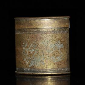 老黄铜扇形烟丝盒， 尺寸：8.5cm×3cm×8.5cm×165克