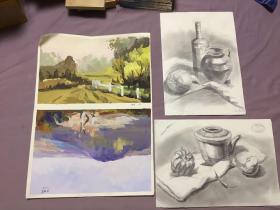 2张油画，2张素描。合拍，不懂欣赏，但保证非印刷品，为手画。每张约37*26厘米