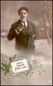1900年前后手工上色老照片《绅士》（新年贺卡），13.6×8.5cm