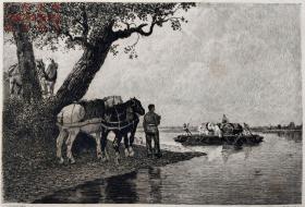 【大英博物馆藏画】1877年法国蚀刻铜版画《带马渡河》—法国巴比松派画家“ 朱·雅克·维拉撒特(Jules Jacques Veyrassat,1828—1893)”作品 Théophile Chauvel雕刻 法国版画专用水印纸 43x30cm 大英博物馆收藏编号：1878,0511.343（官网可查）“1877沙龙展出作品” 雕刻版画 原版版画 古董版画 老版画 欧洲版画 西洋版画 收藏装饰