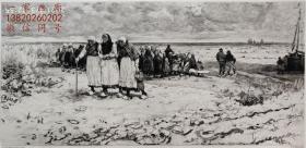 【大英博物馆藏画】1882年法国艺术蚀刻铜版画《荷兰席凡宁根海滩》——英国画家“ George Henry Boughton 1833-1905”作品 版画家：Charles E Wilson 雕刻 43x30cm 法国ARCHES版画专用水印纸 大英博物馆收藏编号：1882,0211.238（官网可查）“皇家学院藏” 雕刻版画 原版版画 古董版画 老版画 欧洲版画 西洋版画 收藏装饰