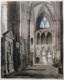 1812年版“手绘威斯敏斯特修道院”系列套色飞尘铜版画《诗人角的入口》— 英国艺术家“A.PUGIN”绘制 J.BLUCK 雕刻 手工绘制 手工水印纸 33x27cm