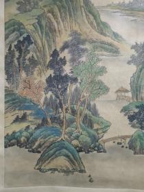 【保证手绘】——家中珍藏  【山水 国画】面风工整 细致 色彩较浓丽 具有装饰性 画法得力曲面写生 上中带写 画工很不错 装裱后尺寸 162*64厘米