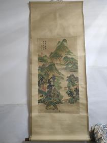 【保证手绘】——家中珍藏  【山水 国画】面风工整 细致 色彩较浓丽 具有装饰性 画法得力曲面写生 上中带写 画工很不错 装裱后尺寸 162*64厘米