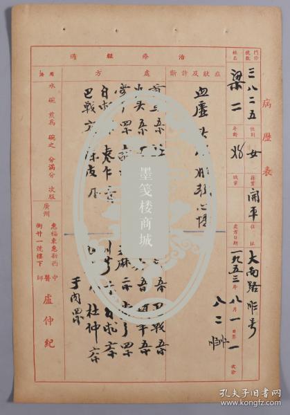 民国岭南名医 卢仲纪 1953年毛笔中医处方一页（主治“血虚、头炫”等） HXTX325129