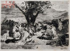 【大英博物馆藏画】1877年法国艺术蚀刻铜版画《营地的阿拉伯人》—法国画家“霍勒斯·韦尔内(Horace Vernet,1789-1863年)”作品 Félix Augustin Milius雕刻 法国ARCHES版画专用水印纸 43x30cm 大英博物馆收藏编号：1877,0210.545（官网可查）雕刻版画 原版版画 古董版画 老版画 欧洲版画 西洋版画 收藏装饰
