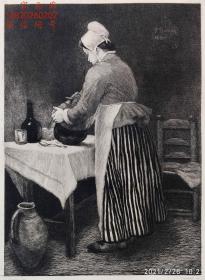【大英博物馆藏画】1887年法国艺术蚀刻铜版画《厨娘》—法国现实主义画家“弗朗索瓦·博文(Francois·Bonvin 1817- 1887)"作品 版画家Emile Daumont雕刻 法国ARCHES版画专用水印纸 43x30cm 大英博物馆收藏编号：1924,1104.14（官网可查）雕刻版画 原版版画 古董版画 老版画 欧洲版画 西洋版画 收藏装饰