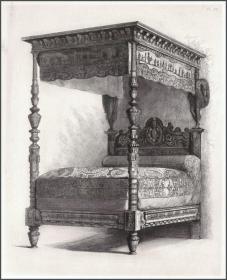 【仿羊皮纸限量特藏本】1866年蚀刻铜版画《文艺复兴时期的床》，52.5*35cm