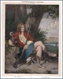 【荷兰石版画地标】1828年手工上色石版画《猎手》（原始发行手工上色），37.1*35cm