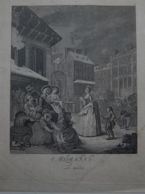 【59-9】十九世纪德国原版钢版画《风俗画—集市》原画作者 W.Hogarty（1758年），雕版师E.Rupenyaus