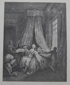 【59-8】十九世纪德国原版钢版画《风俗画—宝宝降生》。