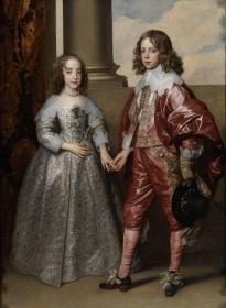 1890年铜凹版腐蚀版画《青梅竹马：威廉二世与玛丽公主》（William II and his bride Mary Stuart）-- 出自佛兰德斯绘画大师，安东尼·凡·戴克（Anthony van Dyck）作于1641年的油画 -- 画中是奥兰治王子威廉二世（入画15岁）与他年轻的新娘，玛丽亚·斯图亚特公主（入画10岁，查理一世女儿）婚礼时的场景 -- 维也纳艺术画廊，版画39*29厘米