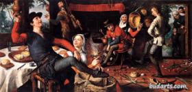 1890年铜凹版腐蚀版画《蛋舞》（Der Eeiertanz）-- 出自著名荷兰画家，彼得·艾尔特森（Pieter Aertsen，1508-1575）作于1552年的油画，藏于荷兰阿姆斯特丹国家博物馆 -- 在15至19世纪的欧洲，蛋舞是复活节的传统游戏，地面上放置数枚鸡蛋，然后在鸡蛋中间跳舞，碰破的蛋越少越好 -- 维也纳艺术画廊出版 -- 后附卡纸30*21厘米，版画纸张20*11厘米