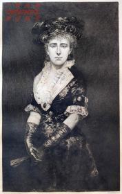 “大英博物馆藏画”1880年法国蚀刻铜版画《女士肖像》—画家“Georges Pierre Marie Van den Bos”作品 版画家：Edmond Joseph Ramus雕刻42x29cm 专用水印纸 雕刻版画 原版版画 古董版画 老版画 欧洲版画 西洋版画 收藏装饰