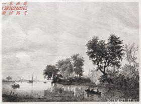 “大英博物馆藏画”1880年法国蚀刻铜版画《法国默兹河畔》—荷兰画家“萨洛蒙·凡·雷斯达尔Salomon van Ruysdael（1602-1670）”作品 版画家莱昂·高世骇Léon Gaucherel雕刻 42x29cm 专用水印纸 雕刻版画 原版版画 古董版画 老版画 欧洲版画 西洋版画 收藏装饰