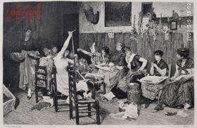 【大英博物馆藏画】1878年法国蚀刻铜版画《威尼斯的工厂女工》— 荷兰画家“塞西尔·凡·汉恩(Cecil VanHaanen)”作品 版画家：Edmond Joseph Ramus 雕刻 法国ARCHES版画专用水印纸 43x30cm “1878世博会参展作品”大英博物馆收藏编号：1881,0813.95（官网可查）雕刻版画 原版版画 古董版画 老版画 欧洲版画 西洋版画 收藏装饰