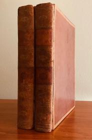1749年，米尔顿《失乐园》2册全。稀少版本。14幅极为精致的顶级古典铜版画，大号字体文本，抛光犊皮硬板烫金方框外封，压花烫金书脊，30.5x24cm。