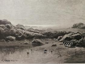1892年原版画+Autotypie技法《挪威.杰德伦沿海景观küstenlandschaft jaederen, norwegen》尺寸30.2*23.2厘米，整版画页背面有字