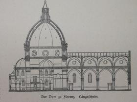 1894年木刻版画《意大利佛罗伦萨大教堂图纸，纵向及俯视图der dom zu florenz. 》尺寸41*28厘米，中间有折痕，背面有字