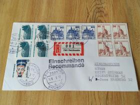 外国早期邮品保真【德国1993年动物熊建筑人物邮票挂号实寄封】集2105-24