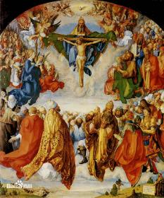 【丢勒】1887年铜版蚀刻版画《祭坛画：崇拜》（Allerheiligenbild）-- 出自德国文艺复兴美术巨匠，阿尔布雷特·丢勒（Albrecht Dürer）于1508年为12兄弟会所作油画的原始画稿（原始素描）-- 蚀刻雕刻师：Leon Gaucherel（法国，1816–1886）-- 维也纳艺术画廊 -- 版画23.5*16厘米，手工裱粘，纸张尺寸34*25厘米