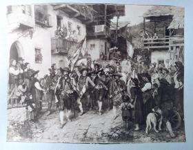 1880年原版蛋白照片《世界名画：蒂罗尔民兵的凯旋》（Return of Tyrolean Militia）-- 出自著名奥地利画家，弗朗兹·冯·德弗雷格（Franz von Defregger，1835-1921）作于1876年的油画，藏于德国柏林旧国家美术馆 -- 画作描绘1809年奥地利蒂罗尔民族起义中，蒂罗尔民兵胜利后的凯旋仪式 -- 衬板41.5*32厘米，照片27*21厘米，完美品相