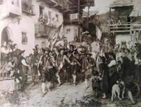 1880年原版蛋白照片《世界名画：蒂罗尔民兵的凯旋》（Return of Tyrolean Militia）-- 出自著名奥地利画家，弗朗兹·冯·德弗雷格（Franz von Defregger，1835-1921）作于1876年的油画，藏于德国柏林旧国家美术馆 -- 画作描绘1809年奥地利蒂罗尔民族起义中，蒂罗尔民兵胜利后的凯旋仪式 -- 衬板41.5*32厘米，照片27*21厘米，完美品相