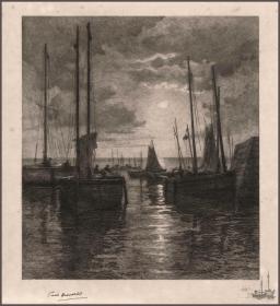 【签名版】1900年原创蚀刻版画《海港落日》，65.5*50cm