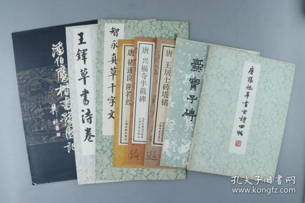 【同一来源】70~80年代 上海书画社出版《唐张旭草书古诗四帖》《唐王居士砖塔铭》《智永真书千字文》《唐兴福寺半截碑》《唐褚遂良阴符经》《王铎草书诗卷》、另有《爨宝子碑》《潘伯鹰楷书豫园记》  共计十册 HXTX329902