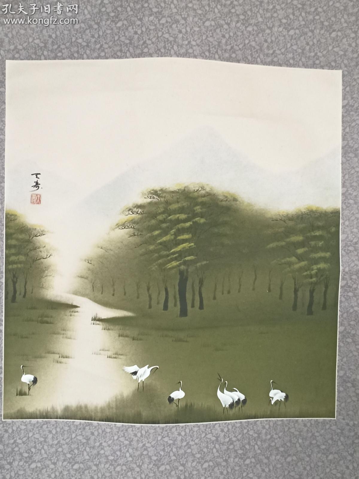 【日本回流】原装旧裱 天寿 水墨山水画《绿意盎然》一幅 （纸本立轴，画心约4.2平尺，钤印：天寿） HXTX311730