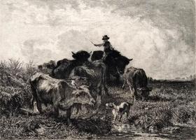 【高档精品版画】1883年德国艺术大师系列蚀刻铜版画《牧牛归来》—德国画家“Anton Braith (1836-1905)”作品 版画家：WILLIAN UNGER 雕刻  46x29cm